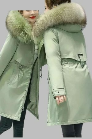 Y2K Streetwear Women's Long Wool Coat with Fur Collar