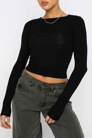 Y2K Streetwear Women's Slim Cropped Long Sleeve Navel T-Shirt