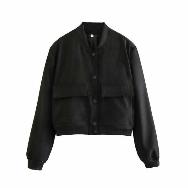 Y2K Streetwear Women's Vintage Bomber Jacket with Pockets