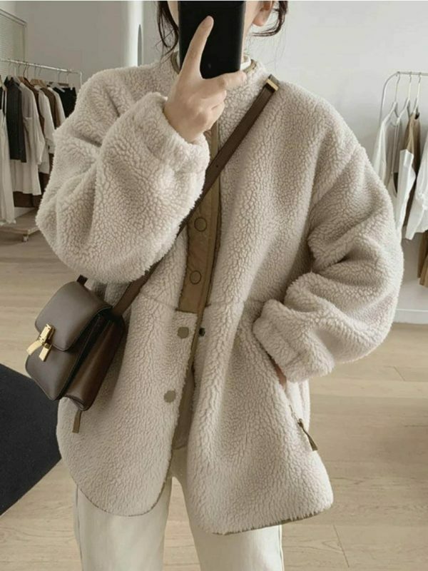 Y2K Streetwear Woolen Oversize Coat for Women, Casual Thick Parkas, Winter Long Wool Top Coat