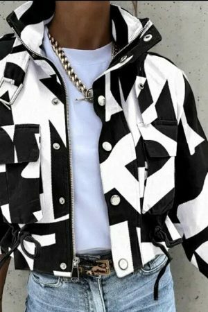 Y2K Streetwear Zip-Up Coat with Printed Design