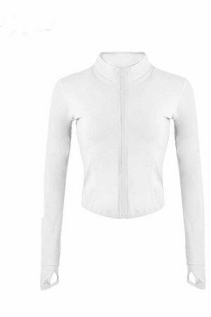 Y2K Streetwear Zip-up Yoga Top with Thumb Holes | Stretchy Long Sleeve Crop Top