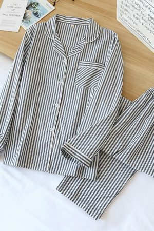 Y2K Striped Cotton Pajama Set for Couples - Long Sleeve Streetwear Fashion