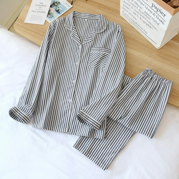 Y2K Striped Cotton Pajama Set for Couples - Long Sleeve Streetwear Fashion