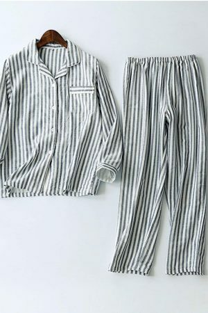 Y2K Striped Cotton Pajama Set for Couples - Long Sleeve Streetwear Fashion