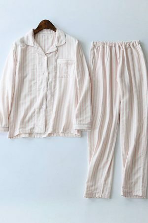 Y2K Striped Cotton Pajama Set for Couples - Long Sleeve Streetwear Fashion