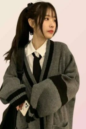 Y2K Striped Knit Oversized Cardigan Harajuku Mohair Sweater