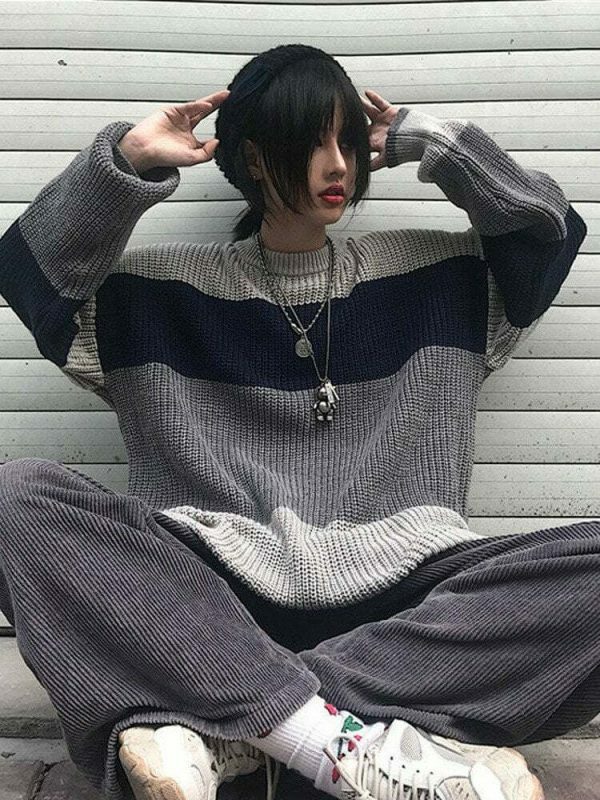 Y2K Striped Knit Pullover Sweater, Harajuku Style, Cozy and Stylish