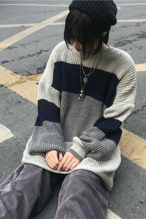 Y2K Striped Knit Pullover Sweater, Harajuku Style, Cozy and Stylish