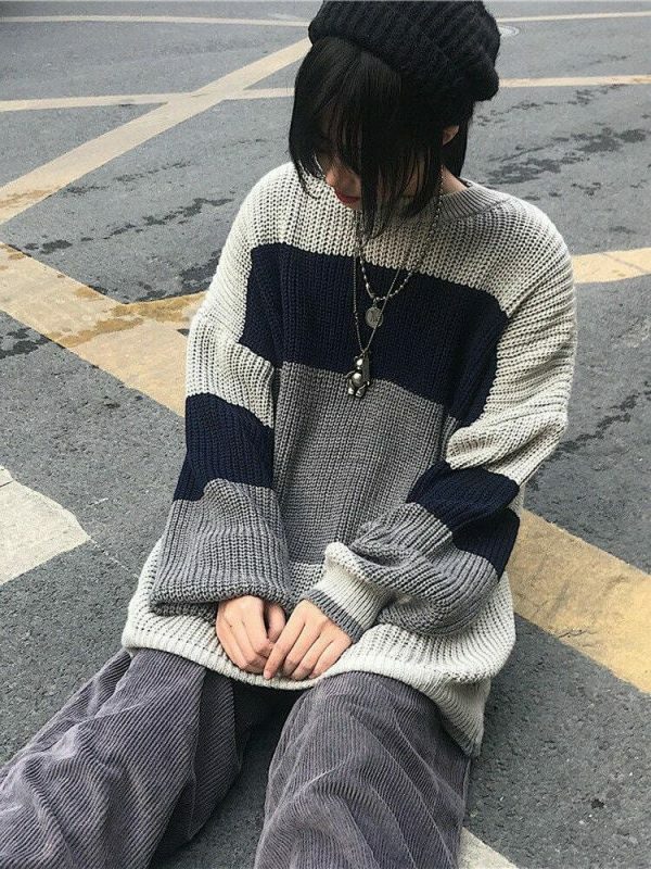 Y2K Striped Knit Pullover Sweater, Harajuku Style, Cozy and Stylish