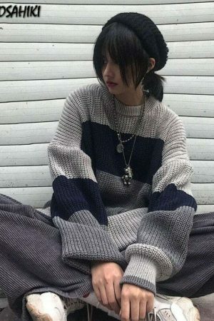 Y2K Striped Knit Pullover Sweater, Harajuku Style, Cozy and Stylish