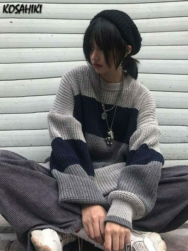 Y2K Striped Knit Pullover Sweater, Harajuku Style, Cozy and Stylish