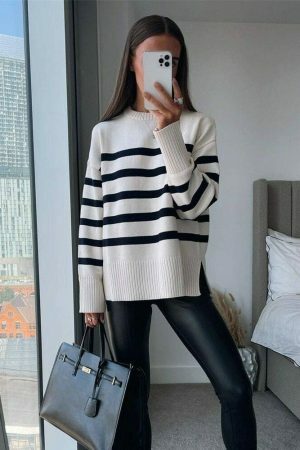 Y2K Striped Knitted Oversized Sweater for Women