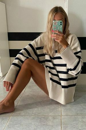 Y2K Striped Knitted Oversized Sweater for Women