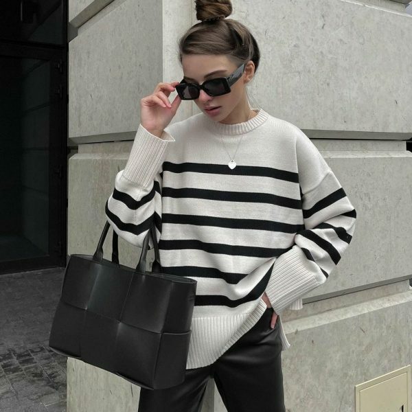 Y2K Striped Knitted Oversized Sweater for Women