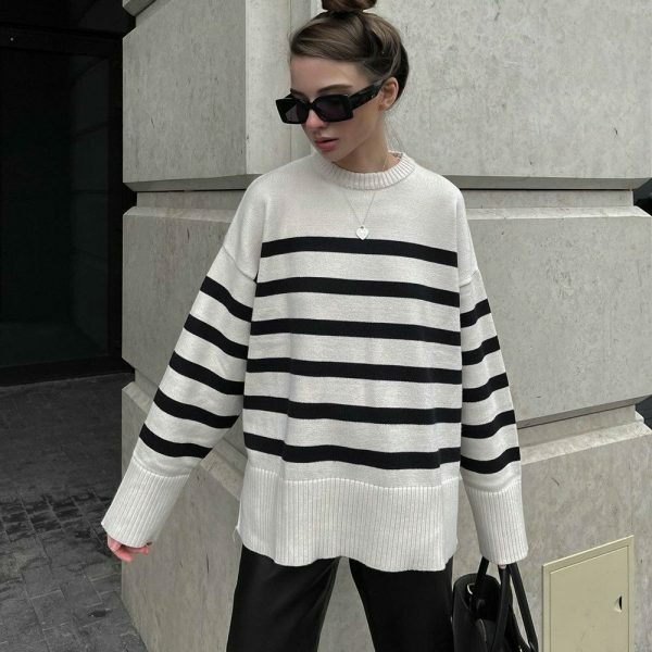 Y2K Striped Knitted Oversized Sweater for Women