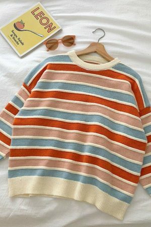 Y2K Striped Korean Patchwork Sweater with Loose Long Sleeves