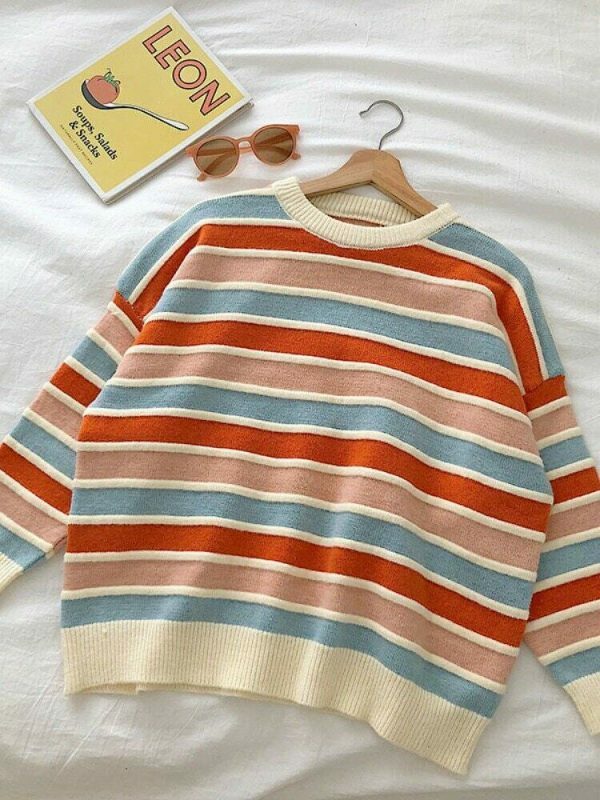 Y2K Striped Korean Patchwork Sweater with Loose Long Sleeves