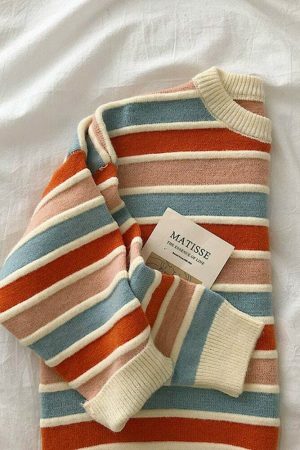 Y2K Striped Korean Patchwork Sweater with Loose Long Sleeves