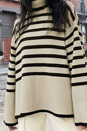 Y2K Striped Oversized Knit Sweater for Women