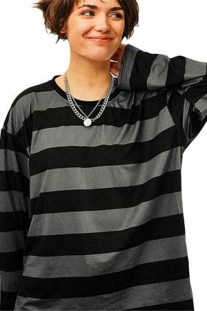 Y2K Striped Oversized Long Sleeve Punk Gothic Vintage Tee