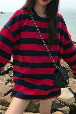 Y2K Striped Oversized Long Sleeve Punk Gothic Vintage Tee