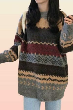 Y2K Striped Patchwork Sweater - Vintage Knitwear for Harajuku Style