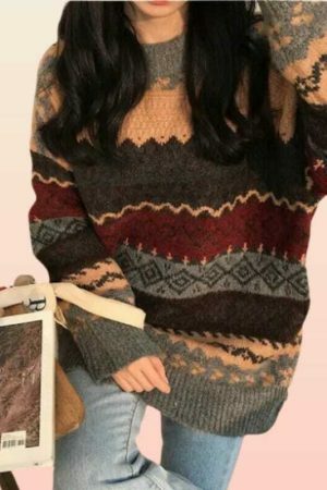 Y2K Striped Patchwork Sweater - Vintage Knitwear for Harajuku Style