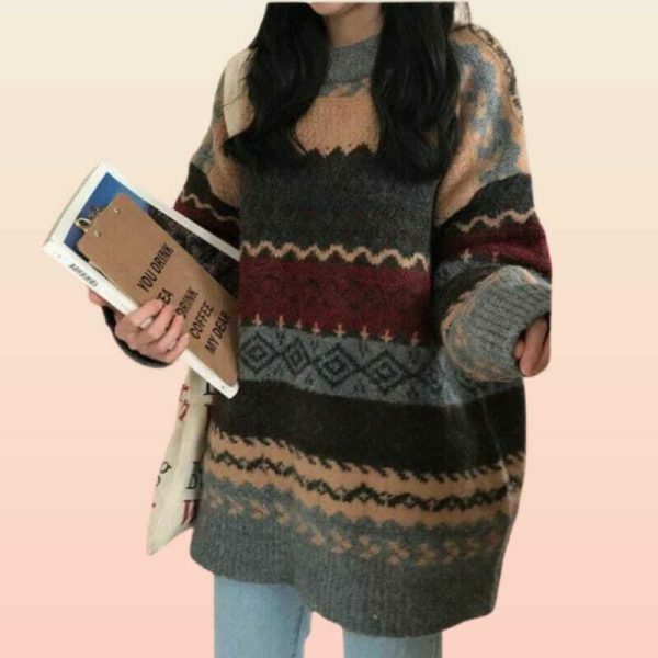 Y2K Striped Patchwork Sweater - Vintage Knitwear for Harajuku Style