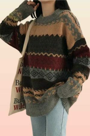 Y2K Striped Patchwork Sweater - Vintage Knitwear for Harajuku Style