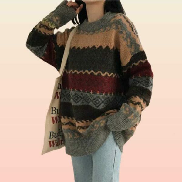 Y2K Striped Patchwork Sweater - Vintage Knitwear for Harajuku Style