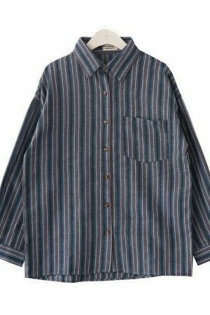 Y2K Striped Streetwear Shirt with Vintage Korean Design