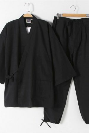 Y2K Style Black Kimono Pajama Set for Men - Cotton Japanese Long Sleeve Sleepwear & Lounge Wear