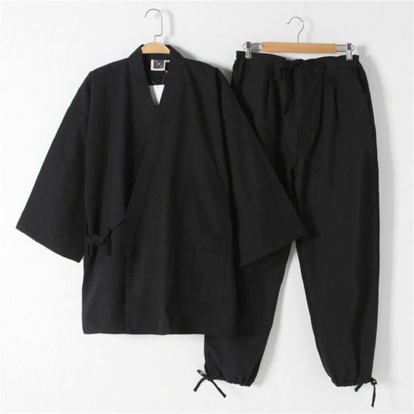 Y2K Style Black Kimono Pajama Set for Men - Cotton Japanese Long Sleeve Sleepwear & Lounge Wear