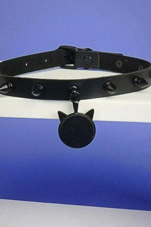 Y2K Style Black Rivet Spiked Leather Collar with Cat Head Pendant