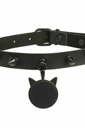 Y2K Style Black Rivet Spiked Leather Collar with Cat Head Pendant