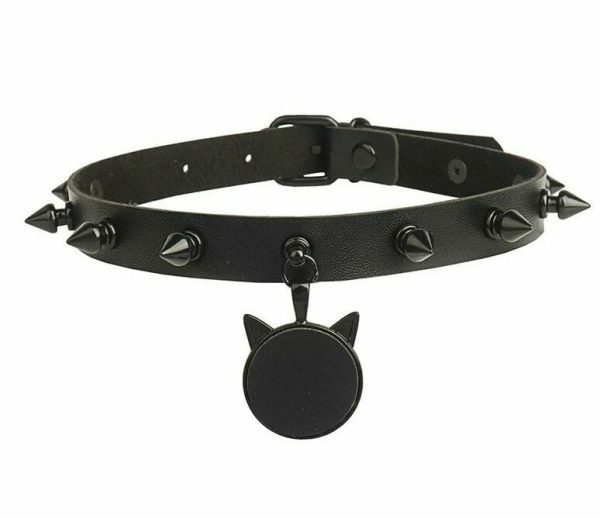 Y2K Style Black Rivet Spiked Leather Collar with Cat Head Pendant