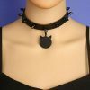 Y2K Style Black Rivet Spiked Leather Collar with Cat Head Pendant