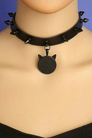 Y2K Style Black Rivet Spiked Leather Collar with Cat Head Pendant