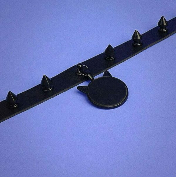 Y2K Style Black Rivet Spiked Leather Collar with Cat Head Pendant