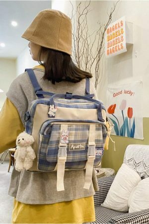 Y2K Style Canvas Backpack Shoulder Bag for Women - Streetwear Fashion Travel Tote - Korean Japanese Kawaii