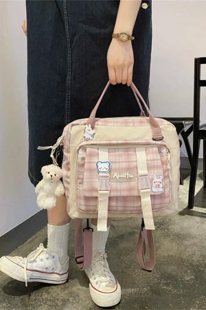 Y2K Style Canvas Backpack Shoulder Bag for Women - Streetwear Fashion Travel Tote - Korean Japanese Kawaii