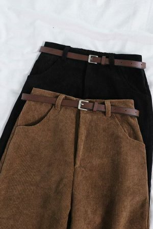 Y2K Style Corduroy Pants with Wide Leg Fit and Stylish Belt