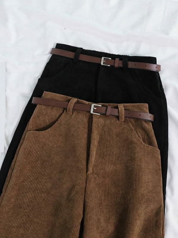 Y2K Style Corduroy Pants with Wide Leg Fit and Stylish Belt