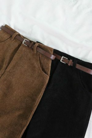 Y2K Style Corduroy Pants with Wide Leg Fit and Stylish Belt