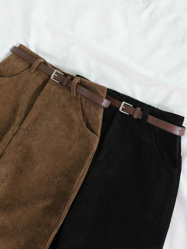 Y2K Style Corduroy Pants with Wide Leg Fit and Stylish Belt