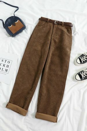 Y2K Style Corduroy Pants with Wide Leg Fit and Stylish Belt