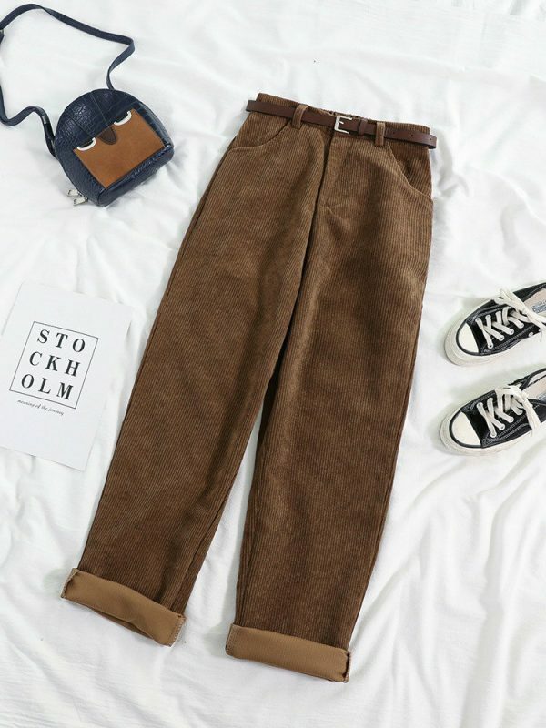 Y2K Style Corduroy Pants with Wide Leg Fit and Stylish Belt