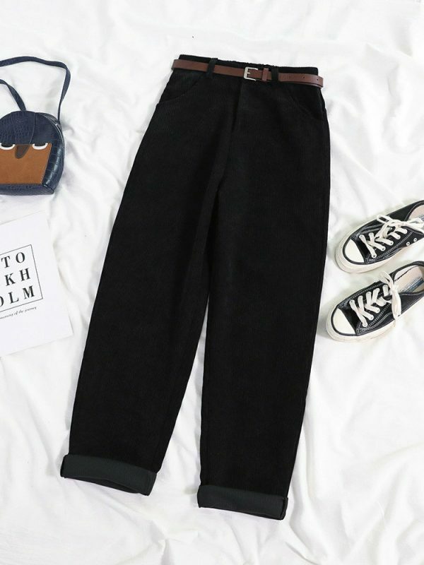 Y2K Style Corduroy Pants with Wide Leg Fit and Stylish Belt