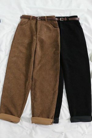 Y2K Style Corduroy Pants with Wide Leg Fit and Stylish Belt